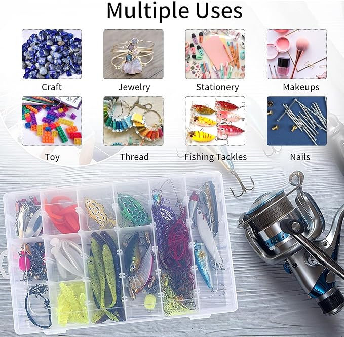 Bead Organizer Storage 2 Pack 36 Grid Jewelry Tackle Craft Box Adjustable | Clear Plastic, Adjustable Dividers, Label Stickers Included, for Beads Jewelry Crafts Fishing Tackle and Small Parts