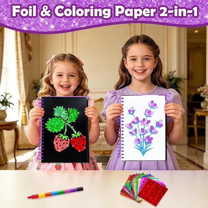 FUNNYB&G Foil Art Craft Kit for Kids, Sparkly Birthday Gift Toy for Girls | No Mess, Kids Ages 4-10 Create Sparkling Artwork, A Creative Gift for Birthdays, Holidays, Travel Activities,Screen-Free Fun