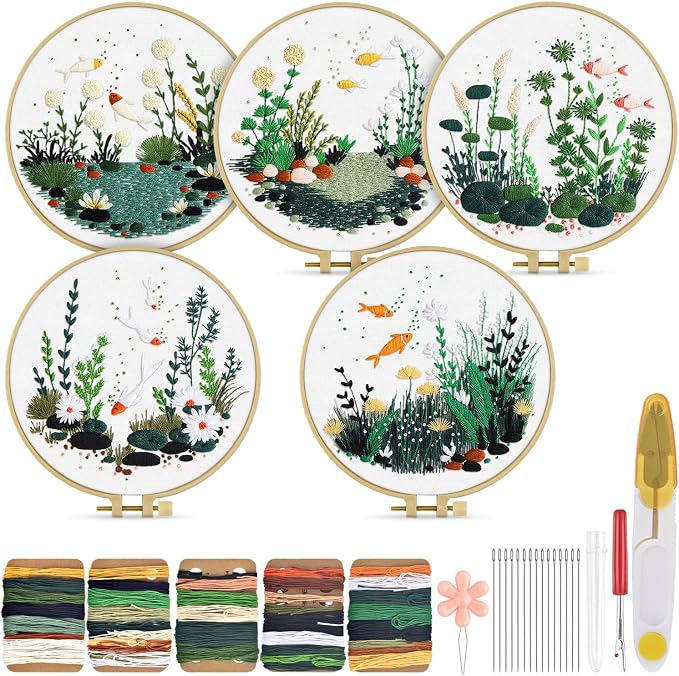TINDTOP 5 Pack Embroidery Kit for Adult, Embroidery DIY Starter Kit | with Fish World Stamped Patterns, Hoop, Tools, Colorful Threads with Needles, Instructions
