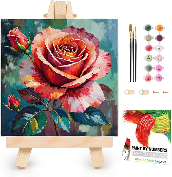 AUKELHJ Framed Paint by Numbers Kit for Adults, Rose, 10x10 inch