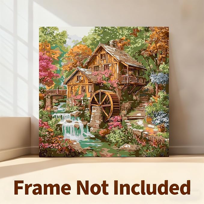 Gemozaic Rustic Cabin Paint by Numbers Kit for Adults, 16 x 16 in, Unframed | Retro Wooden House Adult's Paint by Number, Farmhouse DIY Acrylic Numbers Painting, Color by Number for Home Wall Decor, Gift