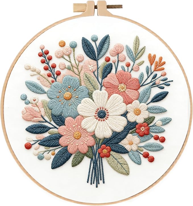 Embroidery Kit for Beginners & Adults Starter Kit, Cross Stitch Kits,DIY Hand Embroidery Needlepoint Set with Hoop, Pre-Printed Fabric, Threads and Instructions (Flower-4)