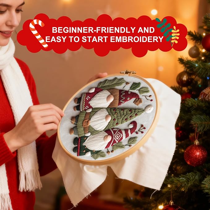 Santune Christmas Embroidery kit,Fall Needlepoint Cross Stitch Kits for Beginners Adult,Needle Point Sets,4 Embroidery,2 Hoops,Christmas Ornaments