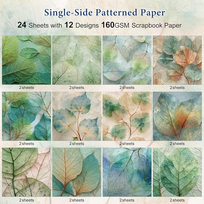 24 Sheets Green Leaves Scrapbook Paper 6'' × 6'' Single-Sided Pattern Paper Decorative Decoupage Scrapbooking Paper Supplies for DIY Card Craft Making Supplies