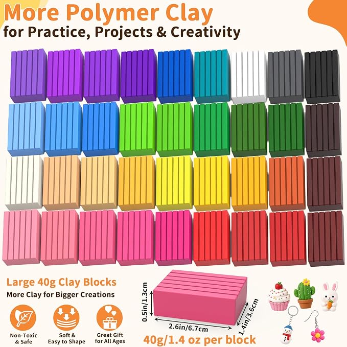 118 Pcs Polymer Clay Kit 36 Colors Oven Bake Clay 40g Large Block,Non-Toxic | Includes 82 Pcs Accessories, Tools & Storage Box for Jewelry Making, Charms, Crafts & DIY Projects, Gifts, School Activities