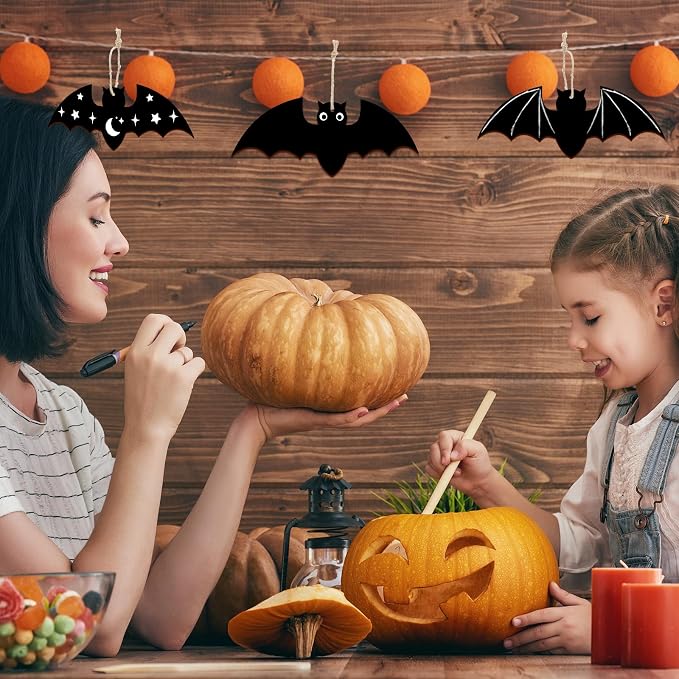 Large Size 7inch Wooden Halloween Ornaments to Paint,Bat Cutouts Unfinished DIY Blank Unfinished Pumpkin Wood Discs Ornament for Crafts Hanging Autumn Decorations 10PCS