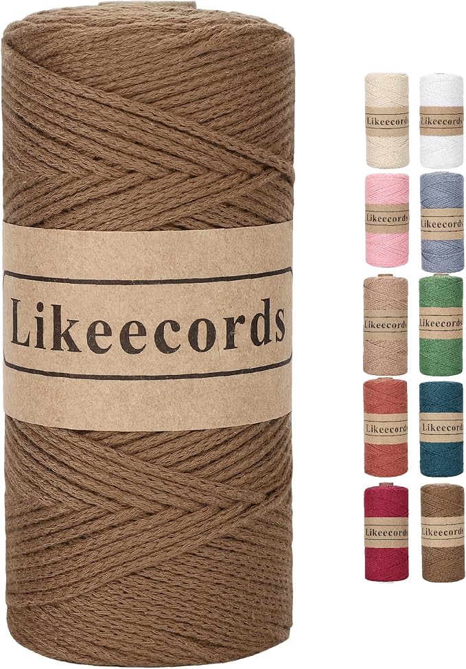 Likeecords 100% Cotton Crochet Bag Cord 2mm 170m Macrame Cord 2mm Crochet Thread Macrame Rope Gift for Knitter (Brown)