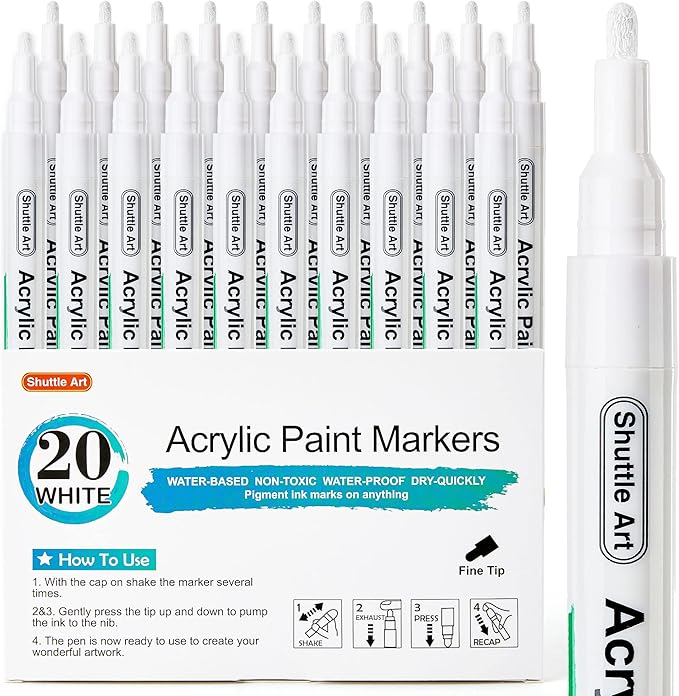 Shuttle Art 20 White Fine Tip Acrylic Paint Pens