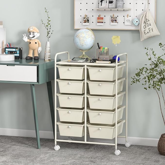 Giantex 10 Drawers Rolling Cart, Classroom Organizers, Storage Cart with Wheels, for Teacher Office Home School Supplies Tool Craft Art Paper, Ivory Color