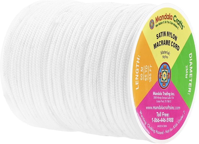 Mandala Crafts 2mm White Rattail Nylon Satin Cord for Jewelry Making