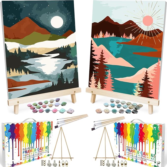BAISITE Paint by Numbers Kit for Adults Beginners,12" Wx16 L 2 Pack Canvas for Painting Kits for Adults in Colorful Box 6970 Already Framed