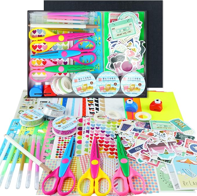 SICOHOME Scrapbook Supplies Scrapbook Kit, DIY Junk Journaling Supplies Kit | Scrapbooking Tools Paper Stickers Tapes Scissors Markers, Valentines Craft Gift for Kid Girl Women Teen Adult Starter