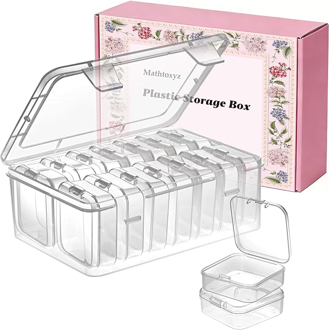 Mathtoxyz Small Bead Organizers, 14 Pieces Plastic Storage Cases Mini Clear Bead Storage Containers Transparent Boxes with Hinged Lid and Rectangle Clear Craft Supply Case