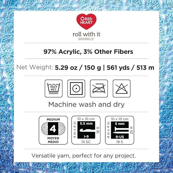 Red Heart Roll with It Sparkle Yarn for Crocheting, Pixie, 3-Pack