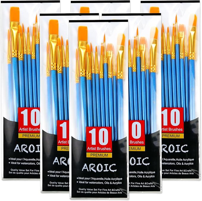AROIC 60 Pcs Paint Brushes, Acrylic Paint Brush Set for Oil & Watercolor | Professional Nylon Hair Wooden Handle Artist Painting Kit, Bulk Art Drawing Supplies for Adults, Beginners & Kids (6 Packs)