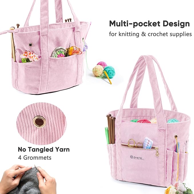 MYBAGZING Corduroy Crochet Bag 11.5" Large Yarn Storage Tote with Grommets, Needle Holders – Knitting Bag Organizer for Crochet Hooks, Accessories, Tools & Projects –Gift for Knitters & Crafters