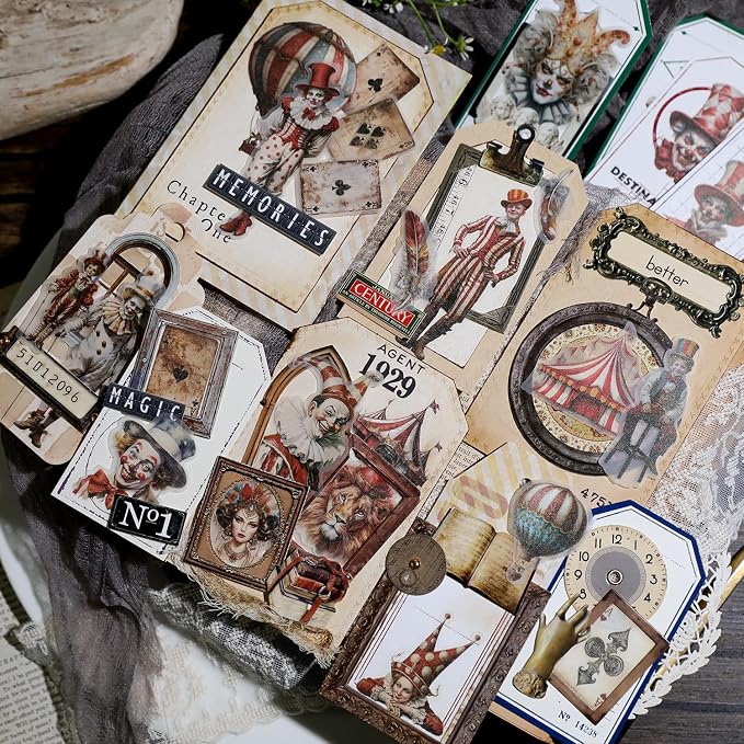CATaireen Vintage Junk Journal Ephemera Scrapbooking Supplies Translucent Vellum Paper Stickers Card Making Decal Art Aesthetic for Adults (Character Circus)