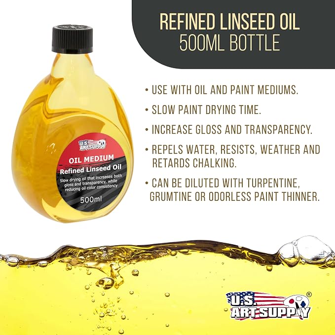 U.S. Art Supply Refined Linseed Oil, 500ml (16.9 oz) Fluid Medium