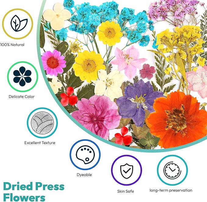 Dried Flowers, Resiners 58Pcs Pressed Flowers for Craft | Natural Dried Flowers Dry Leaves Kit for DIY Making Crafts Resin Soap Candle Scrapbook Supplies Card Making Jewelry