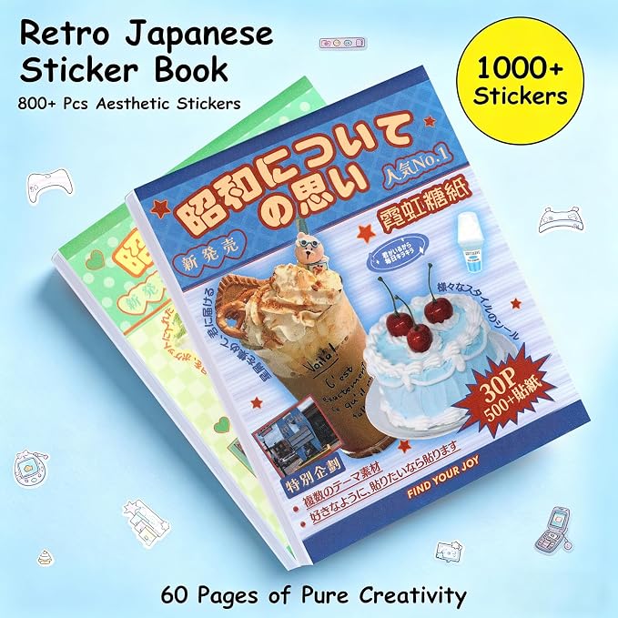 Tmtains 1000+Pcs Japanese Sticker Book for Scrapbook 60 Sheets Heisei Retro Korean Stickers for Journaling Aesthetic Japanese Sticker Book for Adults DIY Crafts Junk Journal (Blue & Green Dessert)