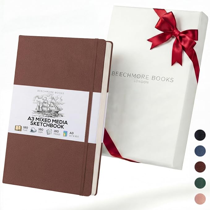 Beechmore Books A3 11.7x16.5 Mixed Media Sketchbook 160 GSM/98lb, Gift Box | Hardcover Drawing Pad with Lay-Flat Binding, Extra Large Perforated Ivory Paper for Studio Drawing & Watercolor Work