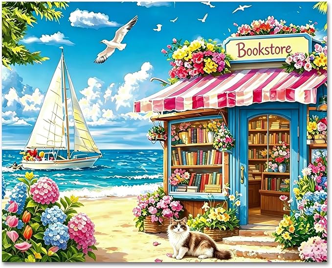 Bookstore Paint by Numbers for Adults, Paint by Number 16x20 inch | Seaside Paint by Numbers Kit for Adults, Summer Acrylic Painting by Numbers for Gift Home Wall Decor (without Frame)