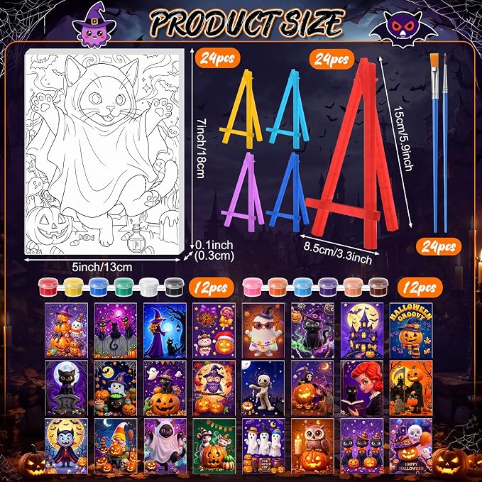 Blosssound 24 Pack Cute Halloween Pre Drawn Canvas to Paint Pre Printed Canvas Painting Kits with Easel Paint Pots Brushes Stretched Panels Bulk for Adult Party Student Beginner Birthday DIY