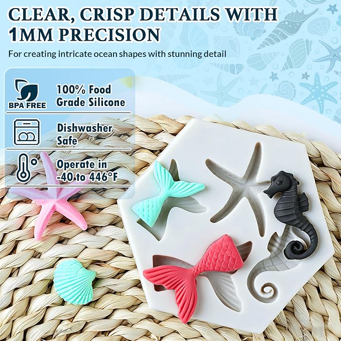 HKNMTT Marine Themed Silicone Mold for Polymer Clay Fondant, Seashell Mermaid Tail Starfish Ocean Seahorse Air Dry Clay Craft Cake Decor Wax Melt Chocolate Candy Mould DIY Cupcake Toppers BPA Free