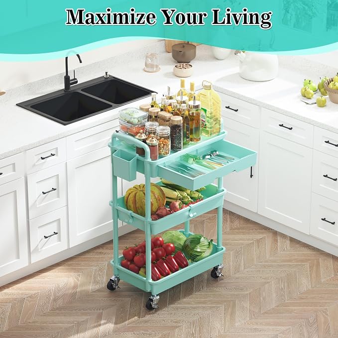 SUNALLY 3 Tier Rolling Cart with Drawer, Craft Storage Cart Organizer, Blue
