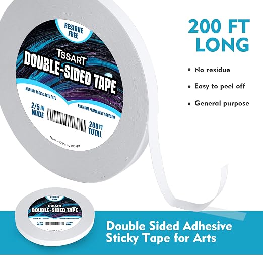 Ultra-Thin Permanent Double-Sided Tape - Double Sided Adhesive Sticky Tape for Arts, Crafts, Photography, Scrapbooking, Tear-by-Hand - Acid Free 2/5 Inch Wide 200FT Long Total