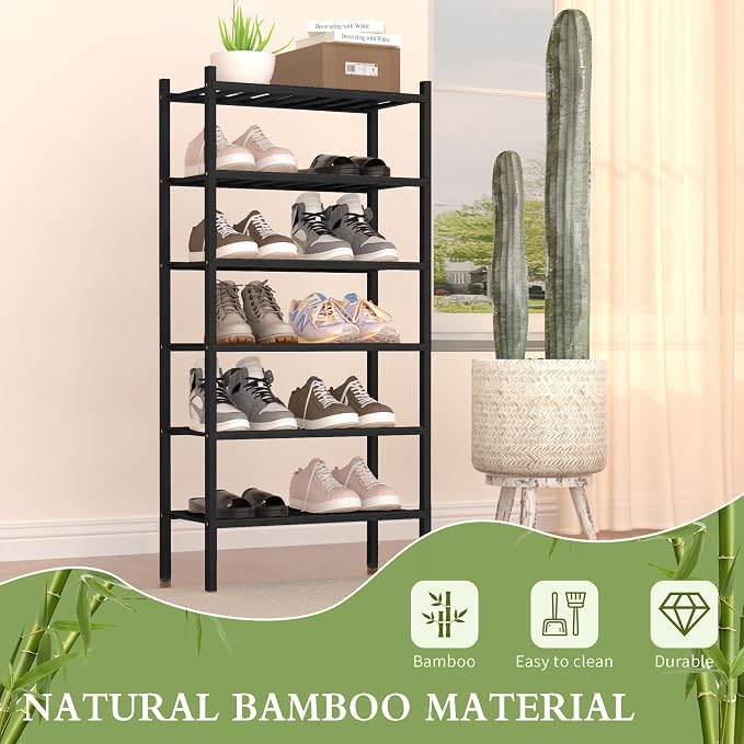 ROMGUAR CRAFT 6-Tier Bamboo Small Shoe Rack, Free Standing Wood Shoe Shelf Storage Organizer for Closet Entryway Stackable (Black)