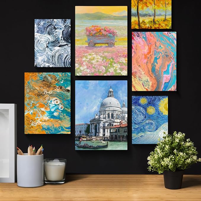 Conda Black Canvas Panels Multi Size Pack - Acid-Free Primed Surface for Oil Acrylic Watercolor Painting (11x14 9x12 8x10 5x7, 12-Pack)