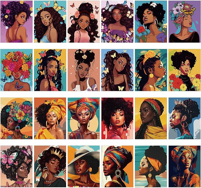 Sherr 24 Pcs Pre Drawn Canvas for Adult, Afro Lady, 8 x 10 Inch