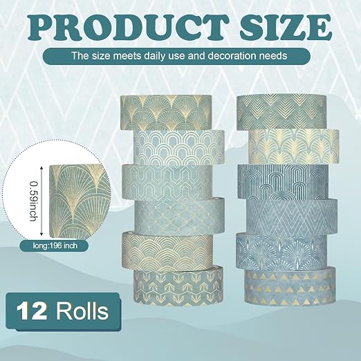 12 Rolls Floral Washi Tape Set,Teal Color,Art Deco | Watercolor Flowers Design for Scrapbook Journal DIY Craft School Supplies, 15 mm Vintage Decorative Masking Washi Tapes