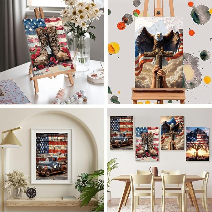 4 Pack Independence Day Paint by Numbers for Adults with Framed 8x12 inch | 4th of July Adult Paint by Number Kits on Canvas with Wooden Easel, DIY Acrylic Oil Painting by Numbers for Gift Home Decor