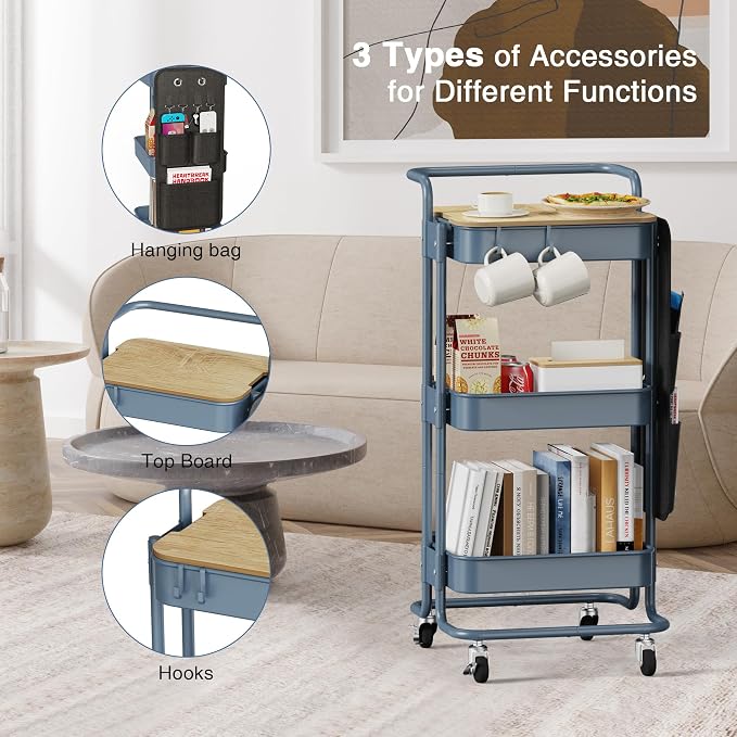 DTK 3-Tier Rolling Cart with Table Top, Metal Utility Cart with Side Bags