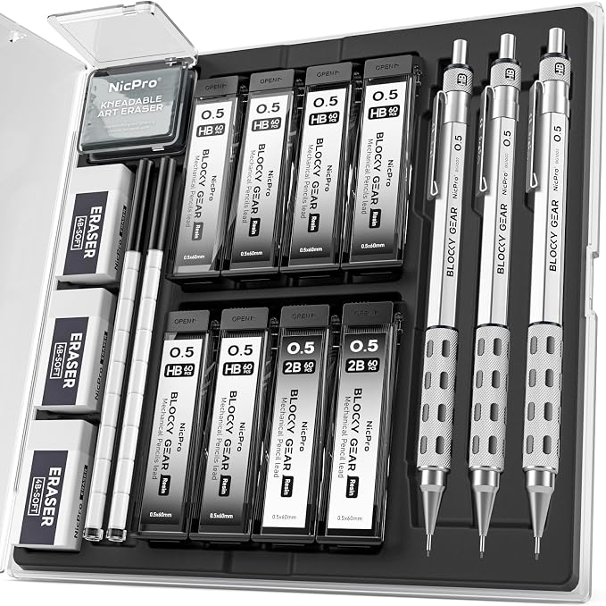 Nicpro 3 Pack Blocky Gear 0.5 mm Metal Mechanical Pencils Set with Case