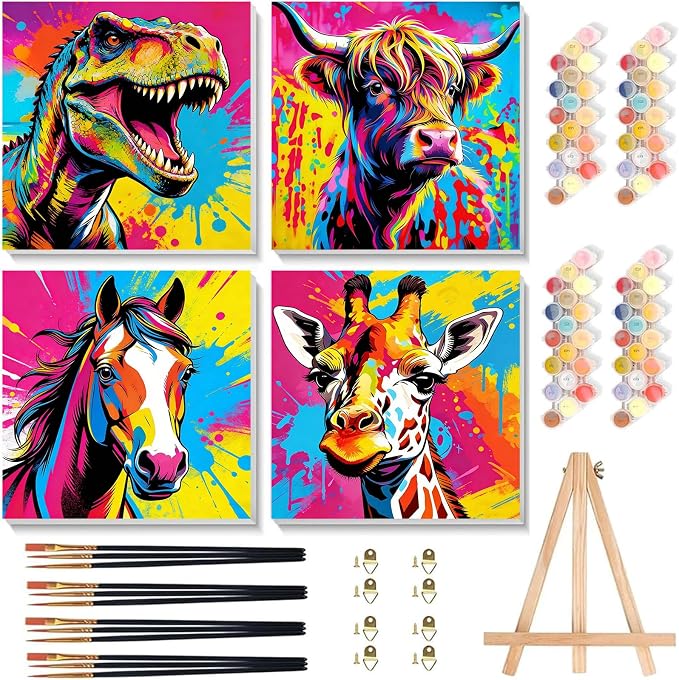 Arttoplus 4 Pack Paint by Numbers Kit for Kids with Frame, Animals 8x8in | Kids Paint by Numbers Ages 4-8-12 with Wooden Easel, Dinosaur Cow Horse Giraffe Oil Painting by number for Gift Home Decor