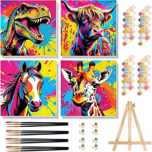 Arttoplus 4 Pack Paint by Numbers Kit for Kids with Frame, Animals 8x8in | Kids Paint by Numbers Ages 4-8-12 with Wooden Easel, Dinosaur Cow Horse Giraffe Oil Painting by number for Gift Home Decor