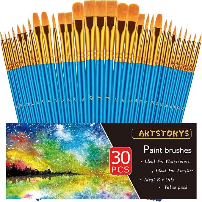 Artstorys Paint Brushes Set, 30 Pcs Acrylic Oil Watercolor Painting Brushes | Artist Paintbrushes (Nylon Hair Wood Handles) for Adult Drawing, Great for Face, Rock & Canvas, Arts Craft Supplies, Blue