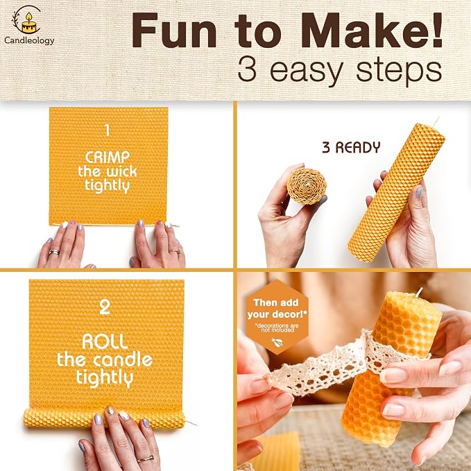 Natural Beeswax Sheets for Candle Making (10-Sheet Pack with Cotton Wicks) Natural Yellow Tone - DIY Beeswax Candle Rolling Kit for Kids & Adults