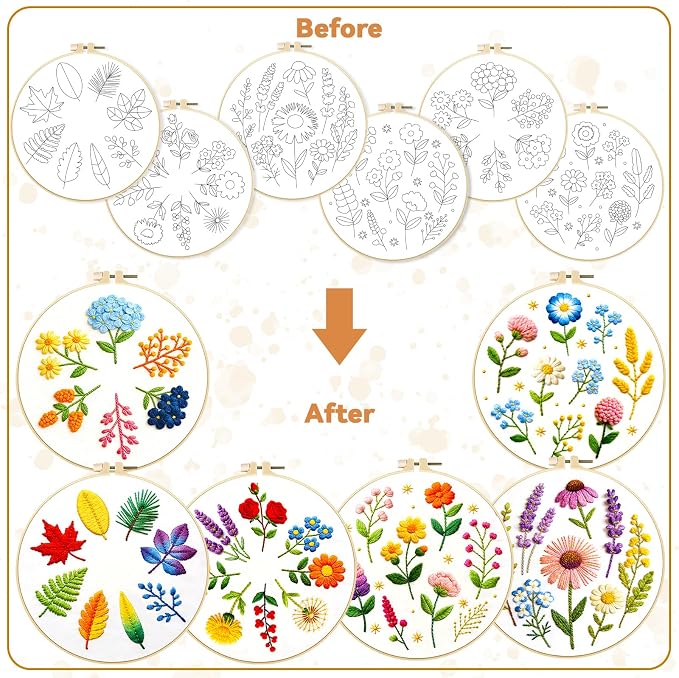BEUNITONE 6 Pack Beginner Embroidery Kit for Adults, Simple Floral Plants Pre-Stamped Pattern Starter Needlepoint Kits with Hoops & Instruction, Hand Embroidery Kits for Fabric and Home Decor 7.9x7.9