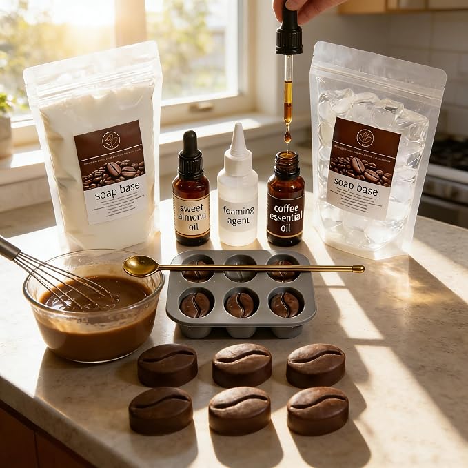 DIY Coffee Soap Making Kit for Beginners, Complete Handmade Craft Set with Coffeebean Molds, Soap Base, Foaming Agent, Sweet Almond Oil, Coffee Fragrance, Gift Ready