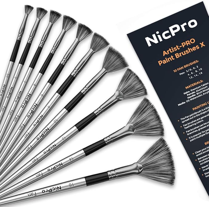 Nicpro Fan Paint Brushes 10 PCS Artist Painting Brush Set Soft Anti-Shedding Nylon Hair Wood Short Handle for Acrylic, Watercolor, Oil, Craft Painting
