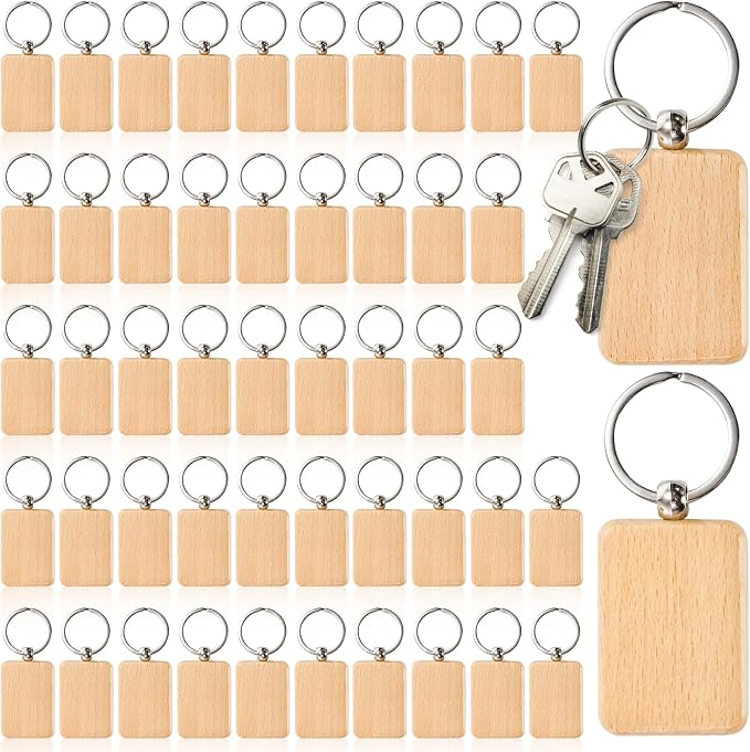 WRINGKIT 50 Pieces Wood Keychain Blank, Rectangular | Unfinished Laser Engraving Blanks with Key Rings, Keychain Ring Tag Wood Sign Bulk for DIY Crafts, Pet Gift Tags