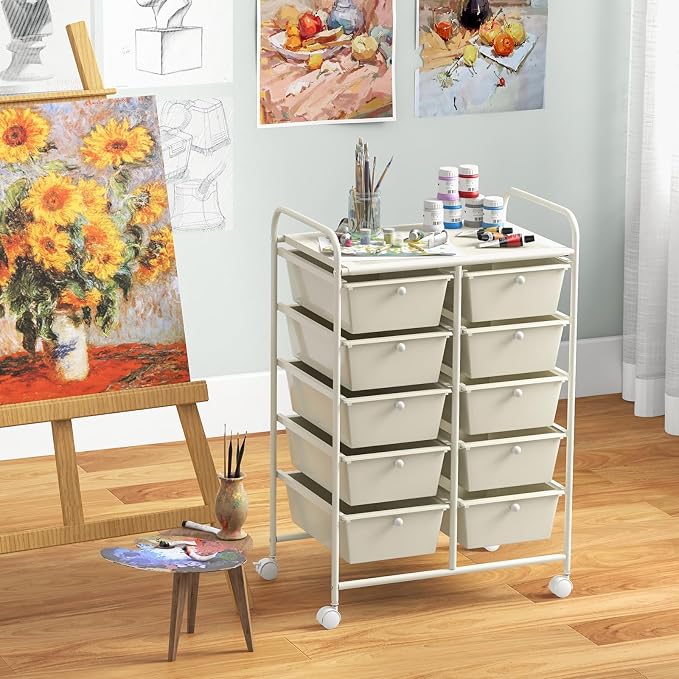 Giantex 10 Drawers Rolling Cart, Classroom Organizers, Storage Cart with Wheels, for Teacher Office Home School Supplies Tool Craft Art Paper, Ivory Color