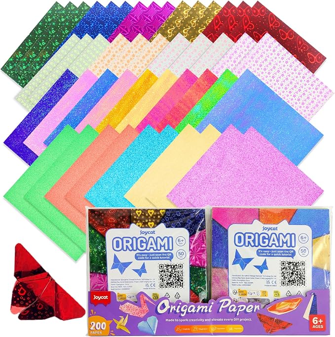 JoyCat Specialty Origami Paper Kit, 200 Assorted Finish Sheets, 6x6 Inch | Includes holographic laser, pastel glitter, glow-in-the-dark and embossed sheets for varied origami and DIY crafts.