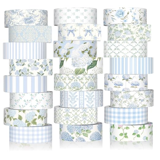 Gueevin 24 Rolls Floral Washi Tapes Set Scrapbook Supplies, Blue Hydrangea | 15 mm Watercolor Flower Washi Tapes, Back to School DIY Craft Arts, Junk Journaling Planner Gift Wrapping Supplies