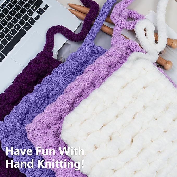Cozyful Chunky Yarn for Hand Knitting - #10 Chunky Chenille Yarn, Jumbo Big Thick Chunky Yarns for Crocheting, Super Bulky Chunky Knit Blanket Yarns, 8 Skein (22yd, 8oz/Skein), Cream & Multi Purple