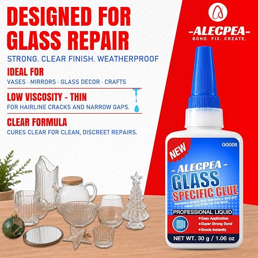 ALECPEA Super Glue for Glass, 2 X 30g Thin Clear Adhesive, 6 Droppers
